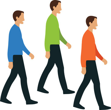 Illustrazione vettoriale in stile flat di icone con uomo che cammina in diverse posizioni e movimenti. Ideale per sport, fitness, mobilit&agrave;, UI e design informativo.	

