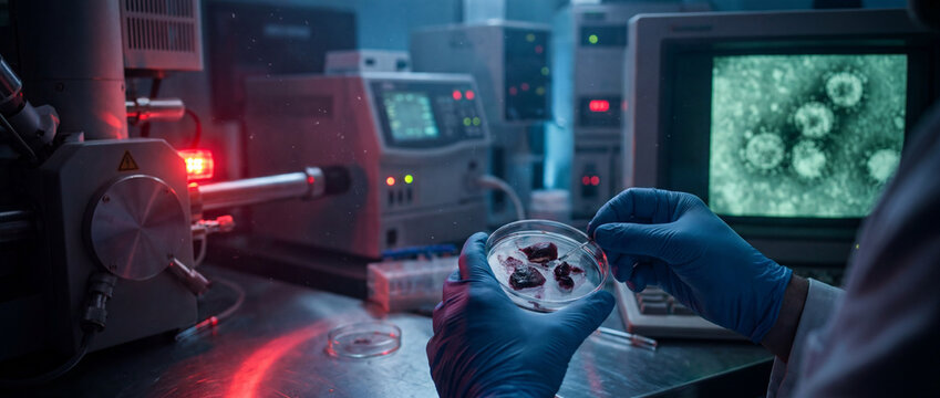 Scientist in lab holding petri dish with sample near microscope and computer screen displaying virus particles
