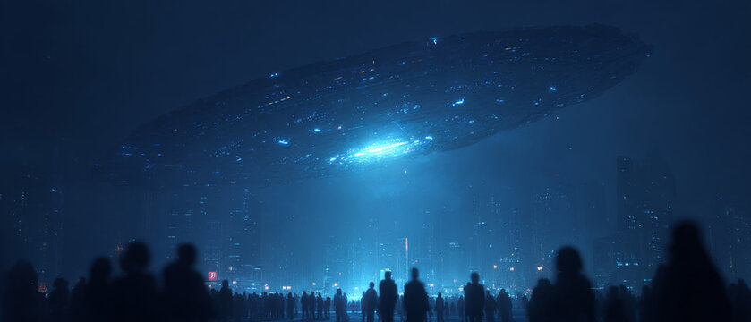 Futuristic crowd observing massive spaceship