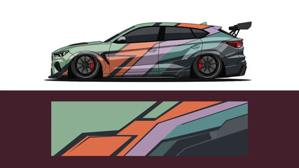 Fototapeta premium Colorful wrapped sports car shown from side and top views with geometric race livery.