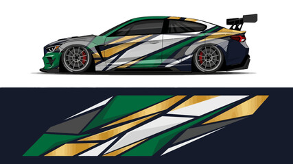 Vibrant racecar with green yellow black white wrap on sleek aerodynamic body in motion. © AhzaArdiansyah