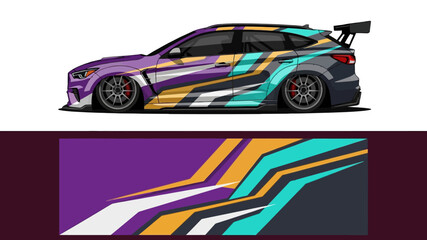 Fototapeta premium Colorful racing car with geometric stripes and vibrant livery design.