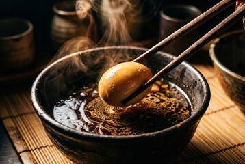 Fototapeta premium Steaming hot marinated egg lifted with chopsticks from a dark ceramic bowl.