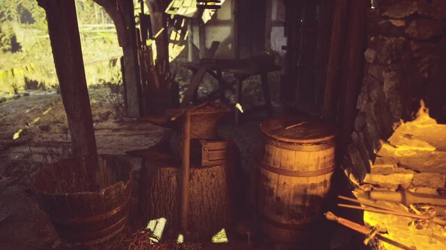 Peasant cottage storage of firewood and barrels, warm lateafternoon light illuminating stacked logs and woven basket, intimate rural interior evoking homestead