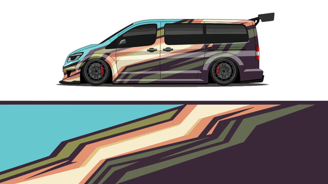 Colorful graffiti style van with bold diagonal stripe artwork and sleek modern silhouette.