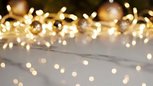 Warm White Fairy Lights and Gold Christmas Ornaments on White Marble Surface with Bokeh