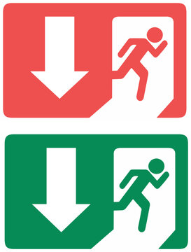 Illustrazione vettoriale di cartello uscita di emergenza con simbolo direzionale. Ideale per sicurezza sul lavoro, edifici pubblici, evacuazione e segnaletica normativa.	
