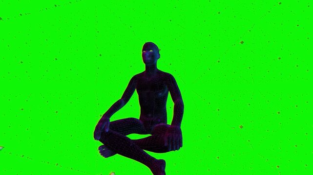Wireframe human figures sit in a lotus meditation posture within a digital particle grid matrix in a seamless 3D animation loop on a green screen