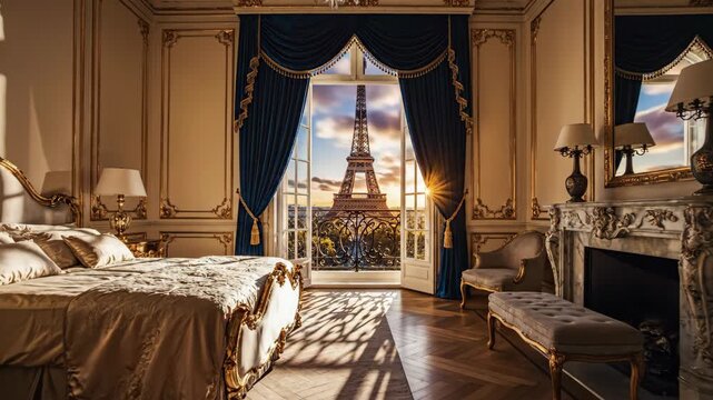 Luxurious Parisian Bedroom with Open Balcony Revealing Eiffel Tower at Sunset Time Lapse