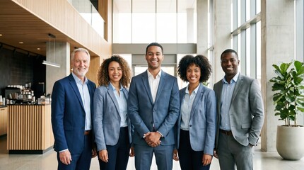 Obraz premium Diverse group of business professionals standing in modern office lobby. Successful corporate team representing leadership and unity in the workplace.