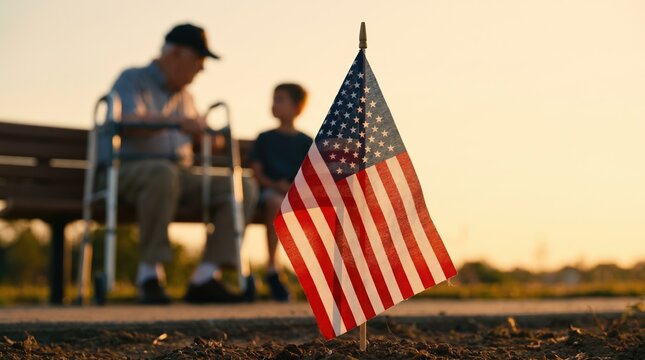 American patriotism and veteran legacy concept, small US flag in foreground at sunset. Senior man with walker and young grandson in blurry background.