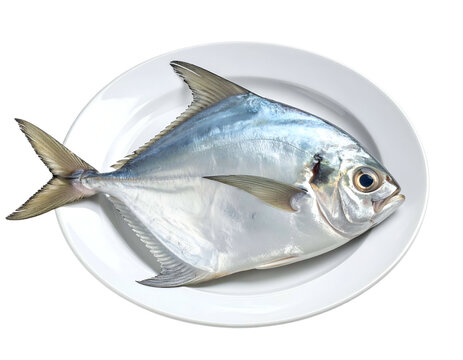 Clean minimalist seafood photography highlighting a single fresh raw silver pomfret fish on a white ceramic plate.
