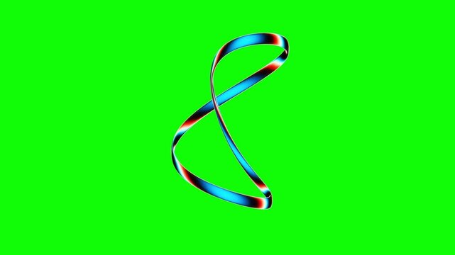 Infinity loop symbol rotating in a modern 3D animation featuring a metallic iridescent M&ouml;bius strip shape over an isolated chroma key green screen background for tech presentations