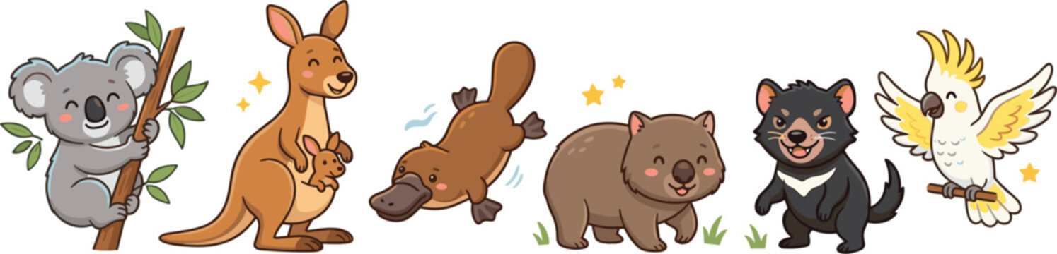 Cute Australian animals cartoon vector character collection, featuring koala kangaroo platypus wombat and cockatoo mascot elements