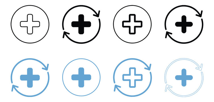 Health recovery icon set featuring medical plus signs, upward arrows, and refresh symbols for healthcare and wellness concepts.