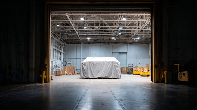 Covered object inside large industrial warehouse
