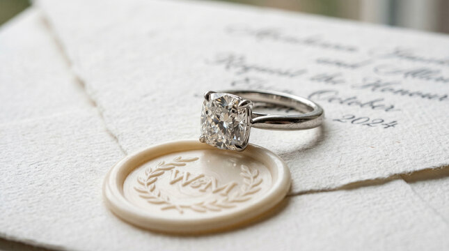Elegant engagement ring resting on a sealed envelope with letter  