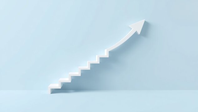 White stairs shaped like an upward arrow on a blue background representing business growth and progress for corporate success and development