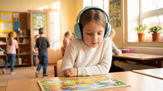 Neurodiversity and sensory processing concept, young girl wearing noise-cancelling headphones in classroom. Inclusive education and autism support for children in school.