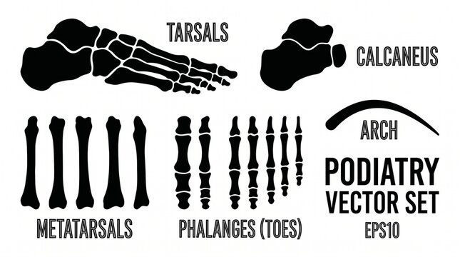 Podiatry vector set: foot bones anatomy and arch illustration with human body