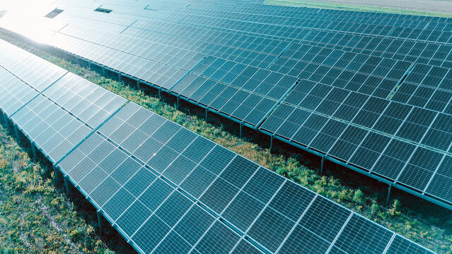 Renewable energy farm with multiple solar panels in sunlight