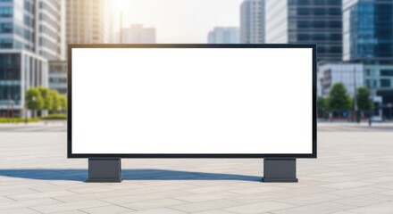 Obraz premium Blank billboard sign for advertising display standing in a modern city street with blurred buildings in the background