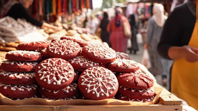 Pile of Red Cookies Decorated with Intricate White Icing Patterns on a Wooden Crate at a Bustling Outdoor Market