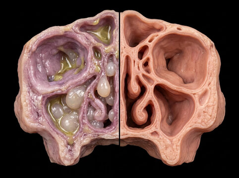 Paranasal sinus gross pathology comparison: chronic rhinosinusitis with nasal polyps and mucopurulent exudate (left) and normal healthy sinus (right), gross anatomy specimen on black background.