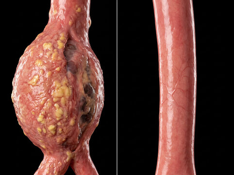 Abdominal aorta gross pathology comparison: atherosclerotic aneurysm with lipid plaques and hemorrhage (left) and normal healthy aorta (right), gross anatomy specimen on black background.