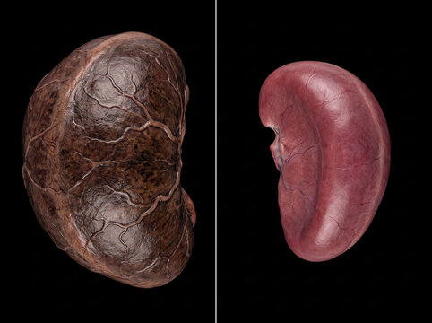 Kidney comparison: discolored ischemic kidney (left) and normal healthy kidney (right), gross anatomy specimen on black background.