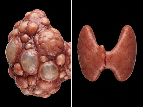 Thyroid gland gross pathology comparison: multinodular goiter with cysts (left) and normal healthy thyroid gland (right), gross anatomy specimen on black background.