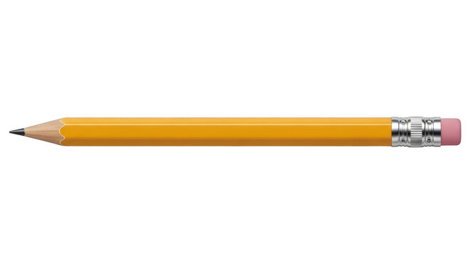 Yellow wooden pencil with pink eraser tip sharpened for drawing and writing isolated on transparent background