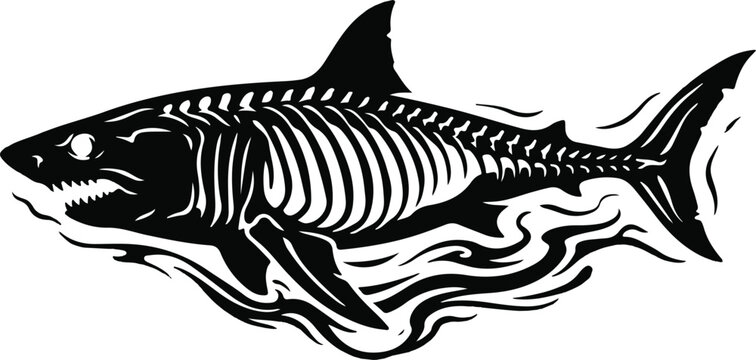 Stylized black shark silhouette vector with internal skeletal structure design and dynamic wave elements for t-shirt printing
