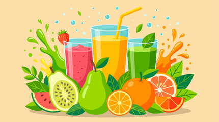 Fototapeta premium Three vibrant glasses of fresh, chilled fruit smoothies sit nestled amidst a colorful harvest of juicy citrus, pear, and watermelon, surrounded by dynamic liquid splashes and playful floating bubbles