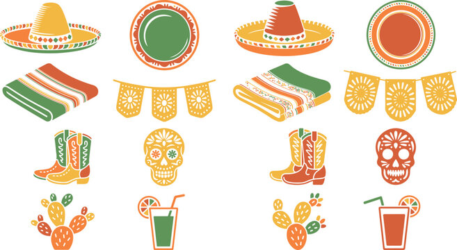 Mexican fiesta elements including sombreros and drinks on white background