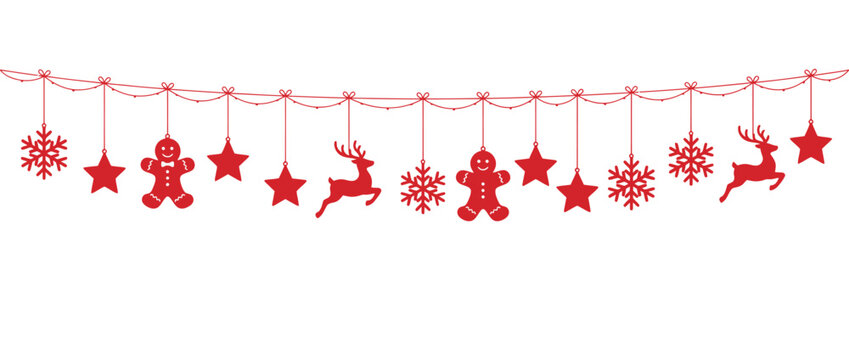 Horizontal Christmas garland banner with red gingerbread man deer star and snowflake ornaments hanging on white background