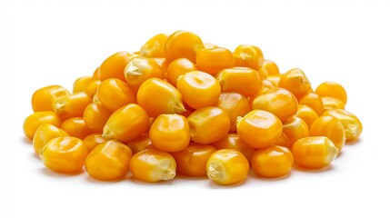 Fototapeta premium Bright yellow corn kernels sit alone on a white surface.