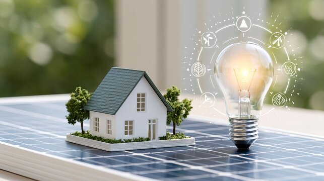 Model house sits on a solar panel. A bright light bulb and nature symbols show smart energy and green power ideas.