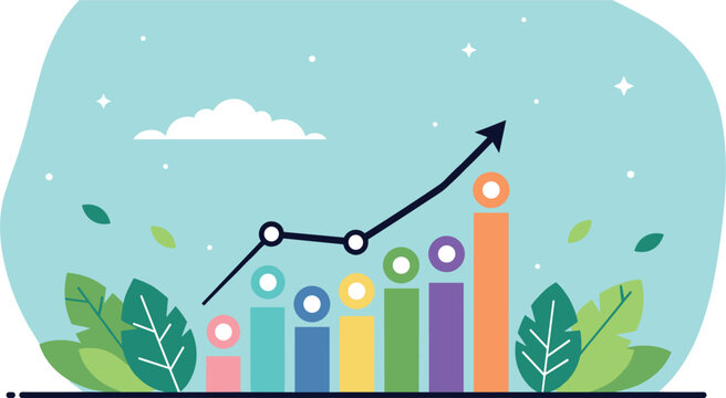A colorful vector illustration of a growing business graph with leaves and a rising trend line on a blue background.