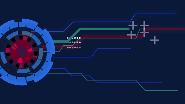 Digital display animation with red and blue hub. Digital display futuristic data streams. Digital display technology graphic on black background for tech.