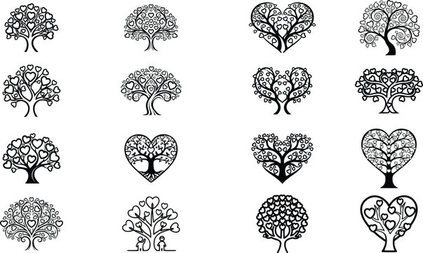 Vintage tree silhouettes vector set, decorative oak and love heart trees in black, nature icons for logo and design