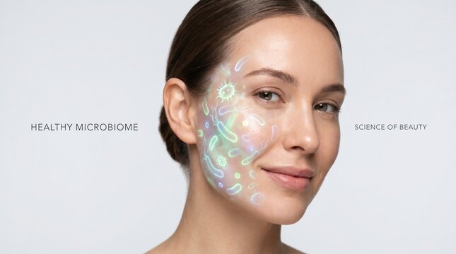 Young woman with clear skin smiling and highlighting facial microbiome  