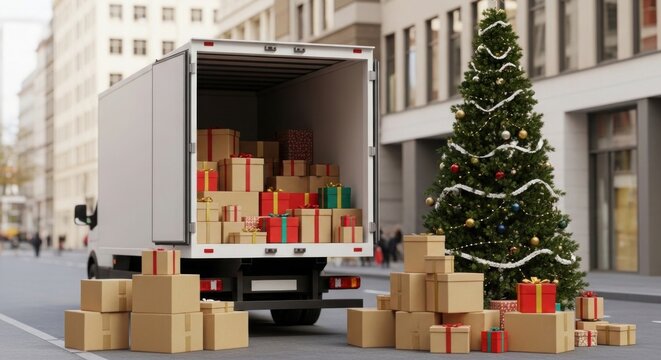 Delivery truck full of holiday gift boxes parked on a city street next to a tall decorated christmas tree during the winter festive season