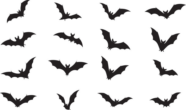 Halloween bat silhouettes pattern, black flying bats vector set on white background for spooky decor and print designs