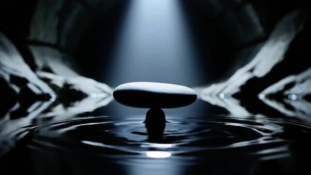 A mysterious, dark scene featuring a solitary, futuristic object on a reflective surface with abstract, symmetrical patterns on either side