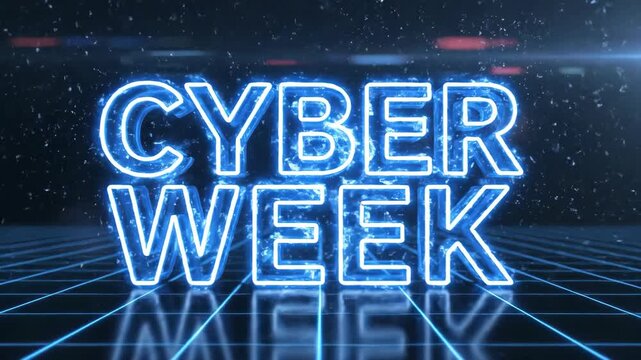 Glowing Blue Cyber Week Text Forming on Wireframe Grid in Futuristic Space