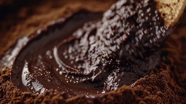 Macro shot of dark chocolate paste on a wooden spoon. Sweet dessert, delicious food, cooking ingredient.