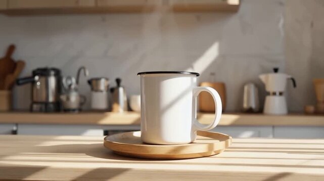 A white ceramic mug sits on a wooden coaster on a kitchen table in the morning sun. Morning coffee, cozy kitchen, breakfast time.