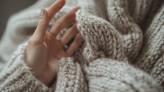 Close up of hands wrapping a warm beige knitted blanket around tightly. Cozy winter, comfort home, relaxation time.