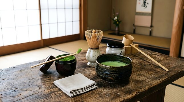 Authentic Japanese Matcha Tea Ceremony Setup in a Traditional Tatami Room, Showcasing the Art of Preparing and Serving Green Tea
